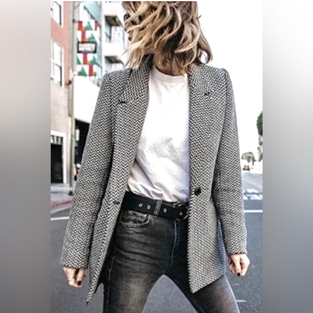 Anine Bing Fishbone Blazer Wool Blend Chevron pattern Black & Off White Size S